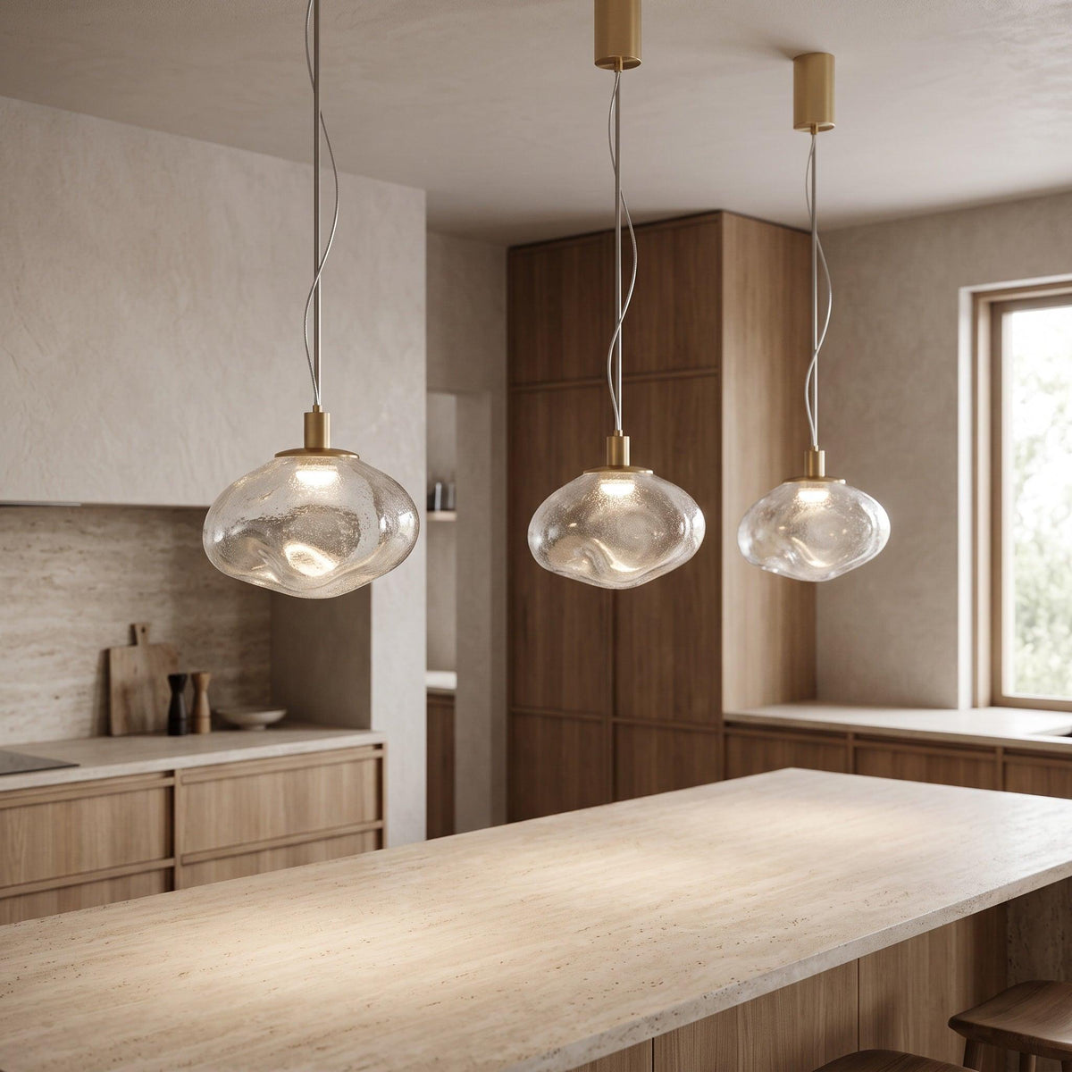 Orbis Bubble Blown Glass Pendant Light Brass