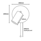 Brim Travertine 2-in-1 indoor wall light with 200mm round base, 105mm light, and 100mm pull cord.