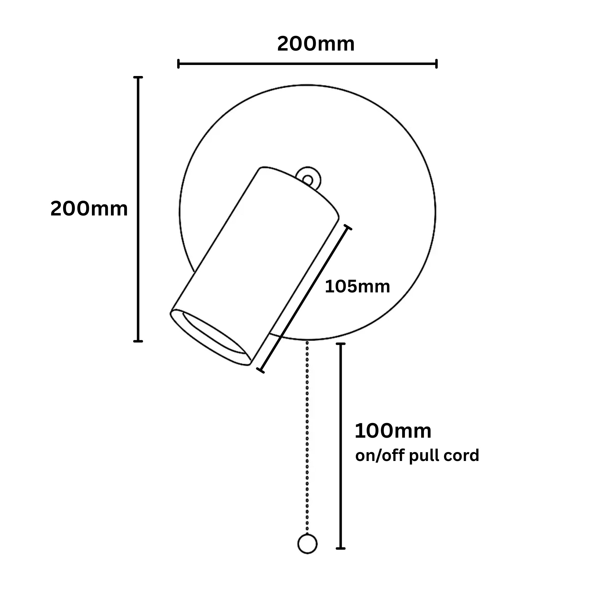 Brim Travertine 2-in-1 indoor wall light with 200mm round base, 105mm light, and 100mm pull cord.