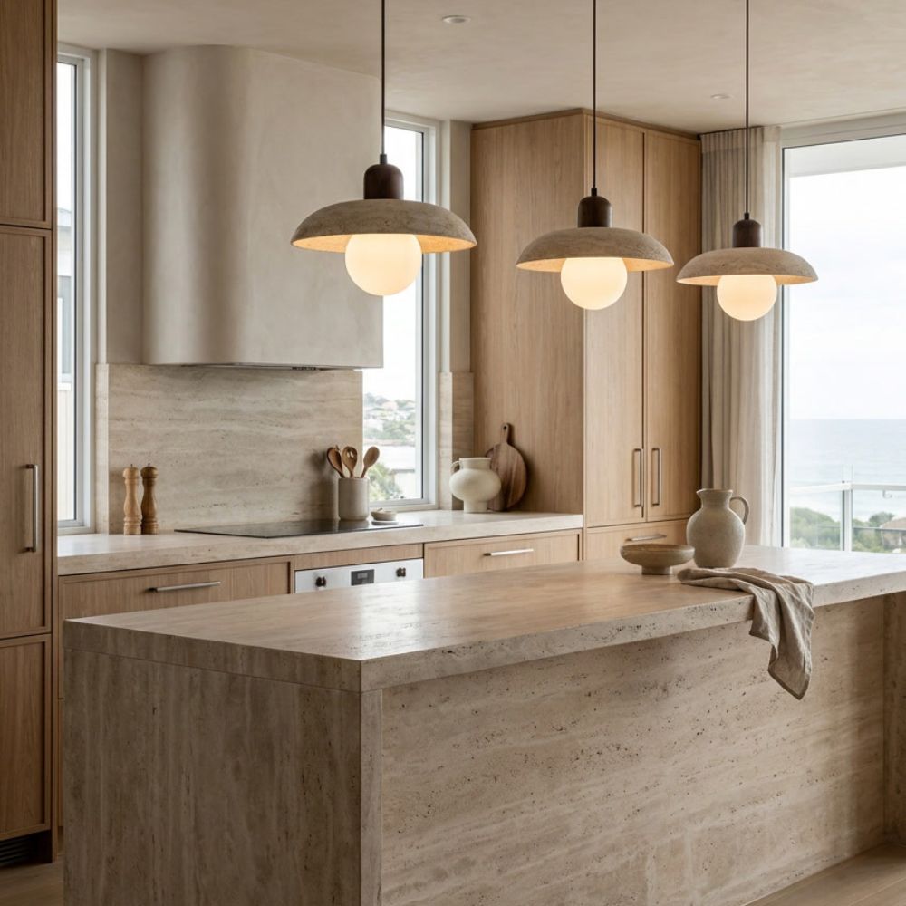 Three Flint natural stone pendant lights with walnut accents illuminate a modern kitchen island.