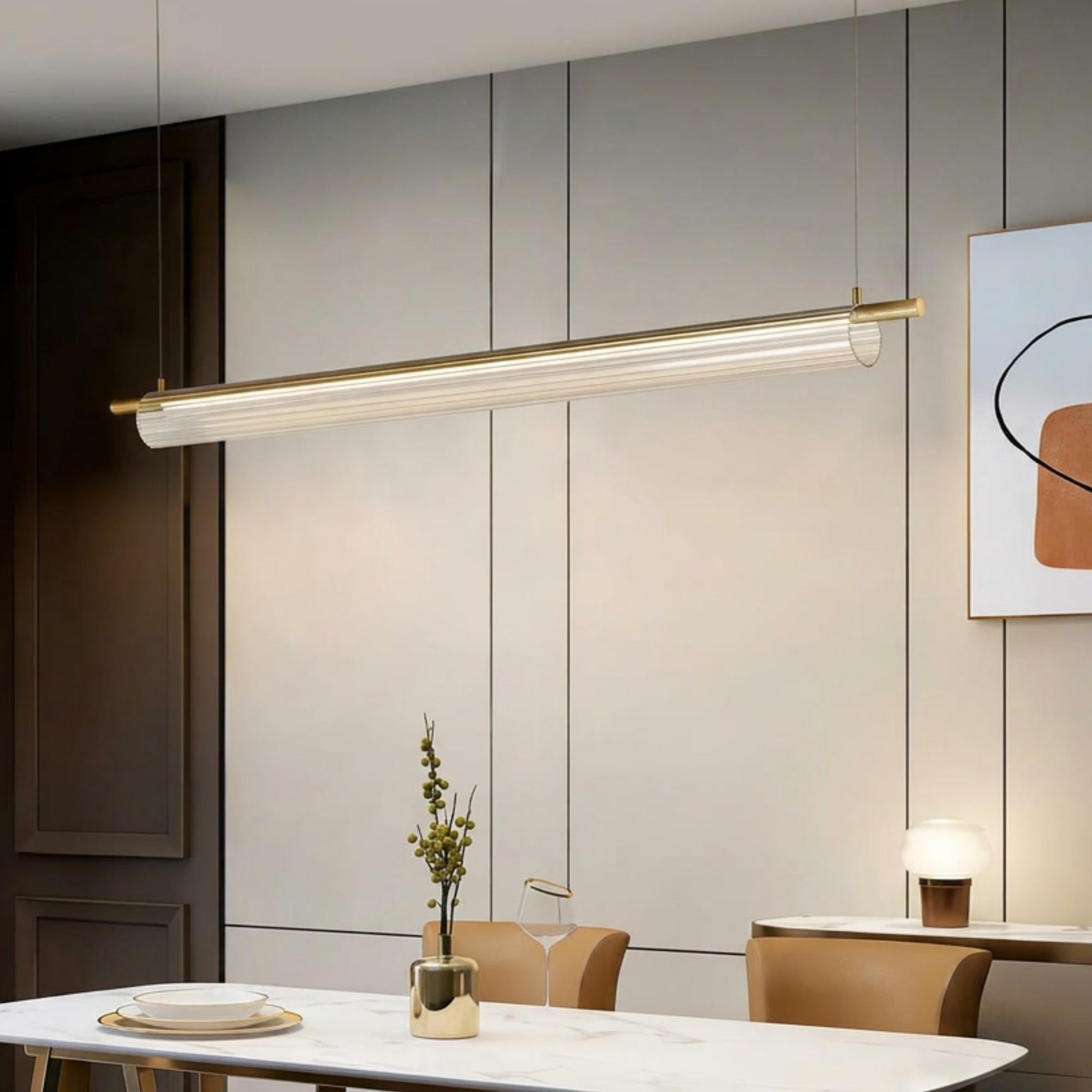 Flute Glass Linear Pendant Light Brass