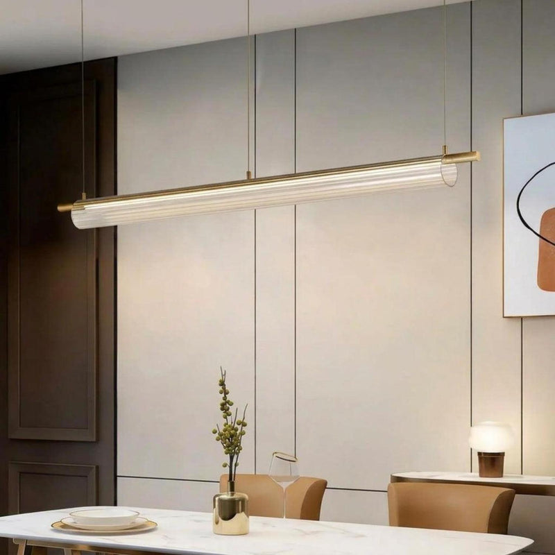 Flute Glass Linear Pendant Light Brass