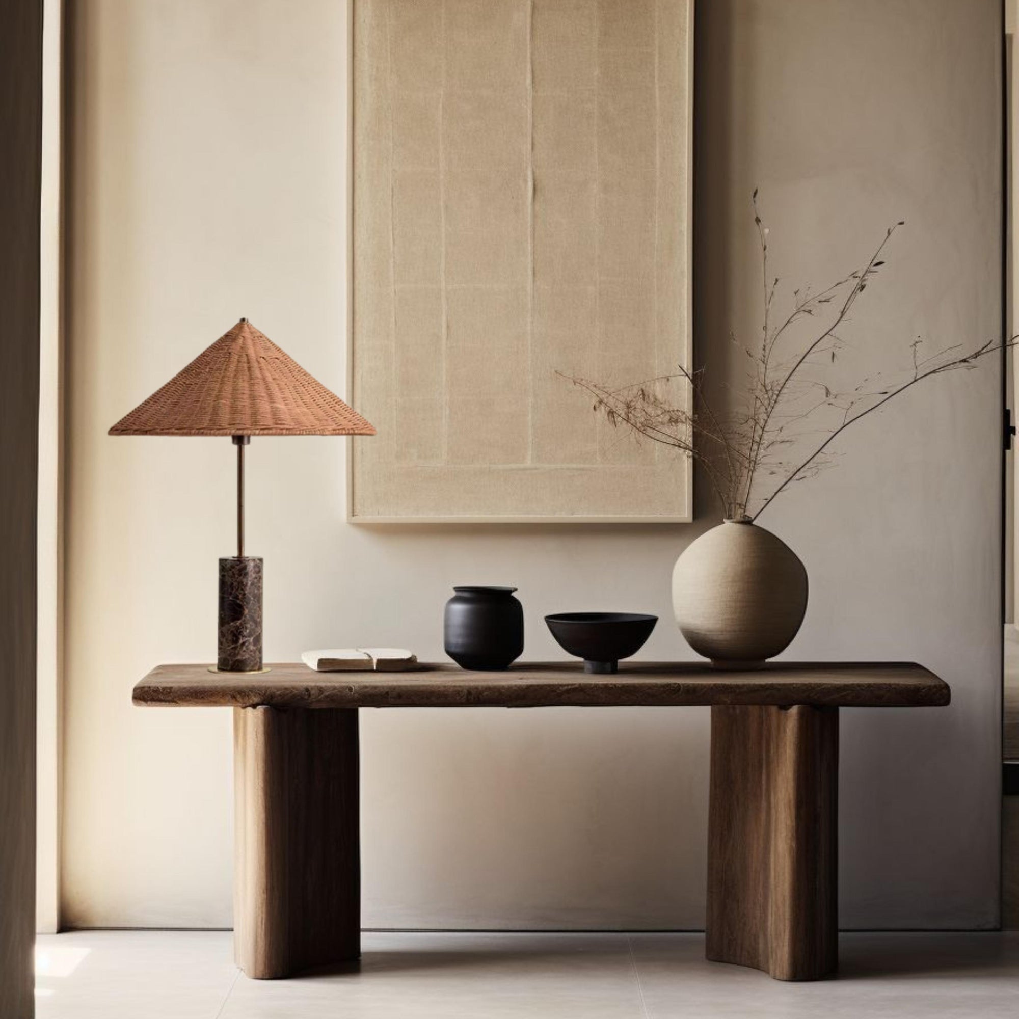 Hikari Marble Table Lamp with Rattan Shade