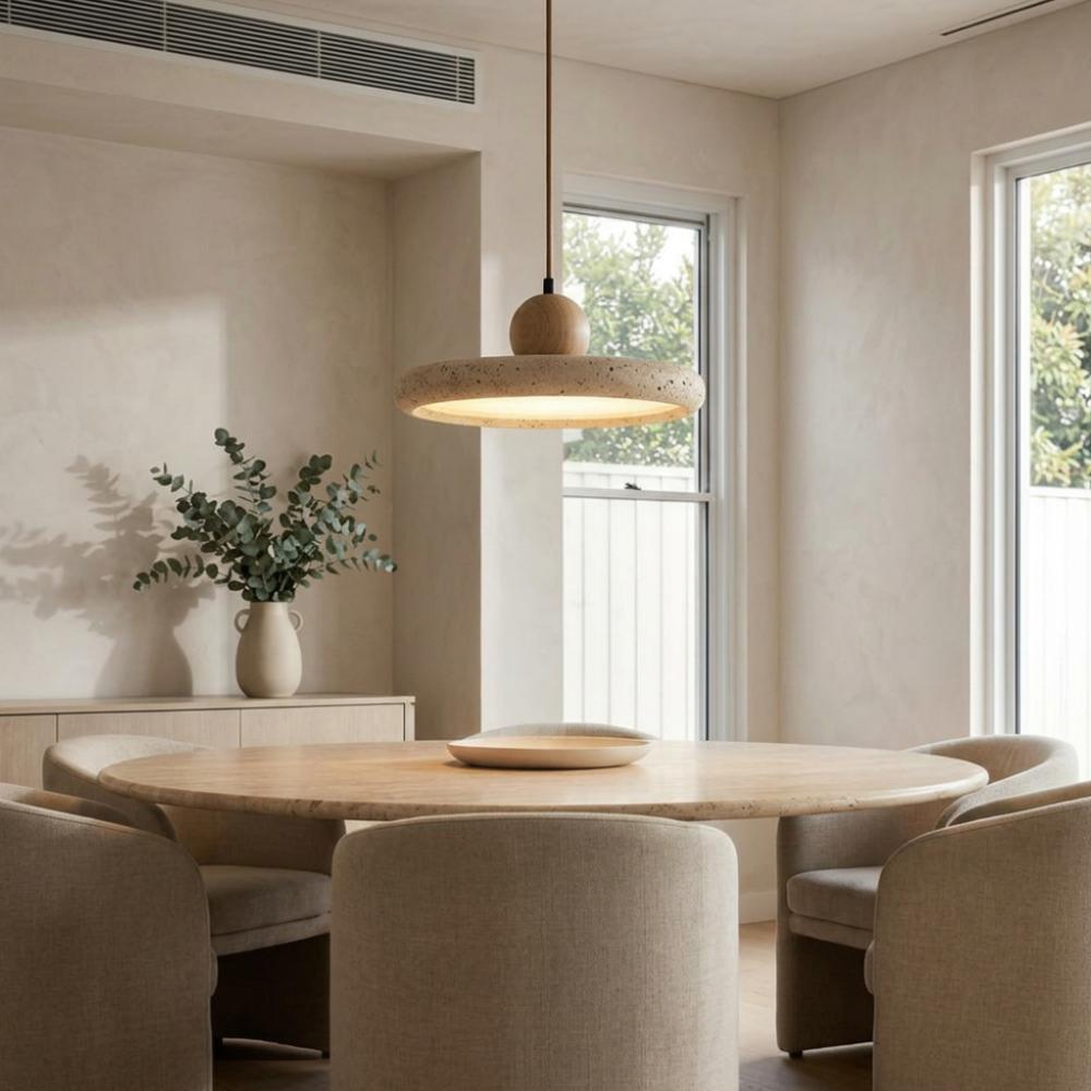 Kaia natural stone and oak pendant light illuminating a modern dining room.