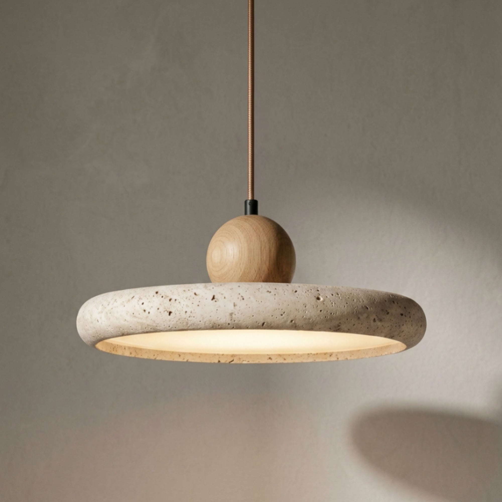 Kaia natural stone pendant light with a circular beige stone shade and a round oak top.