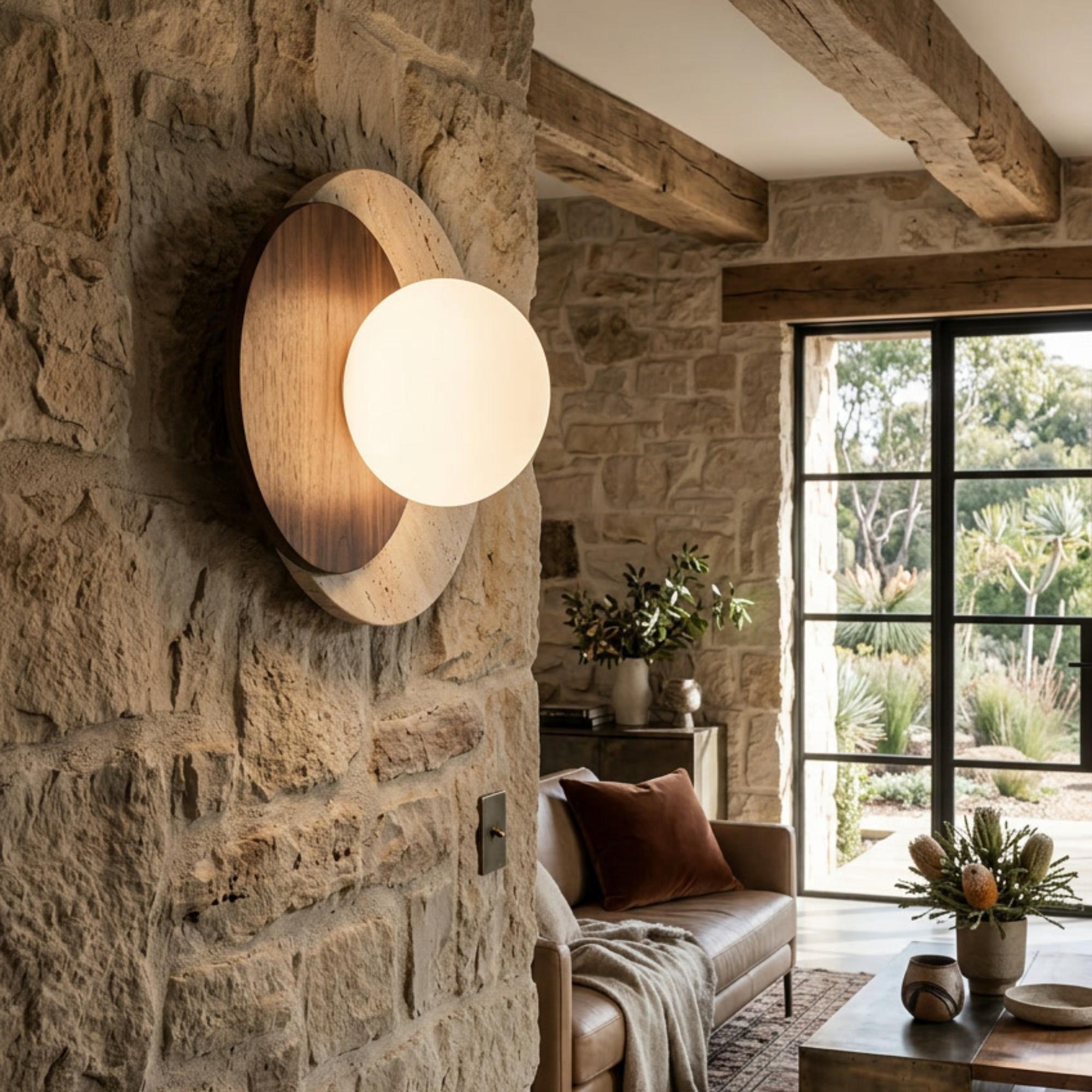 Lyra natural stone and walnut wall sconce with an opal glass orb, mounted on a rustic stone wall.