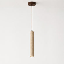 Slender Moss natural travertine pendant light with a walnut braided cord and matching canopy.