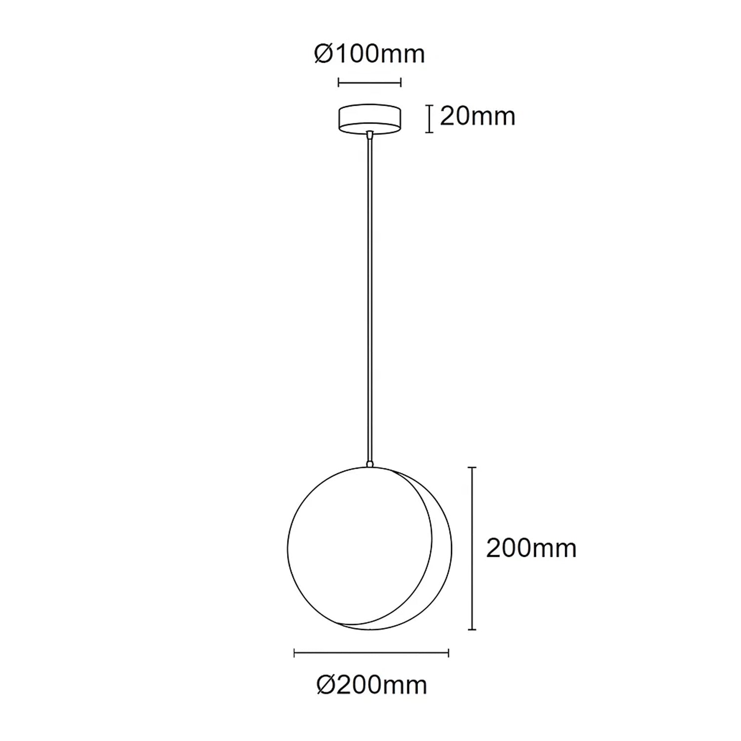 Line drawing of Nacre Travertine Pendant Light with dimensions: Ø100mm ceiling rose, 20mm height, Ø200mm spherical shade, 200mm height.