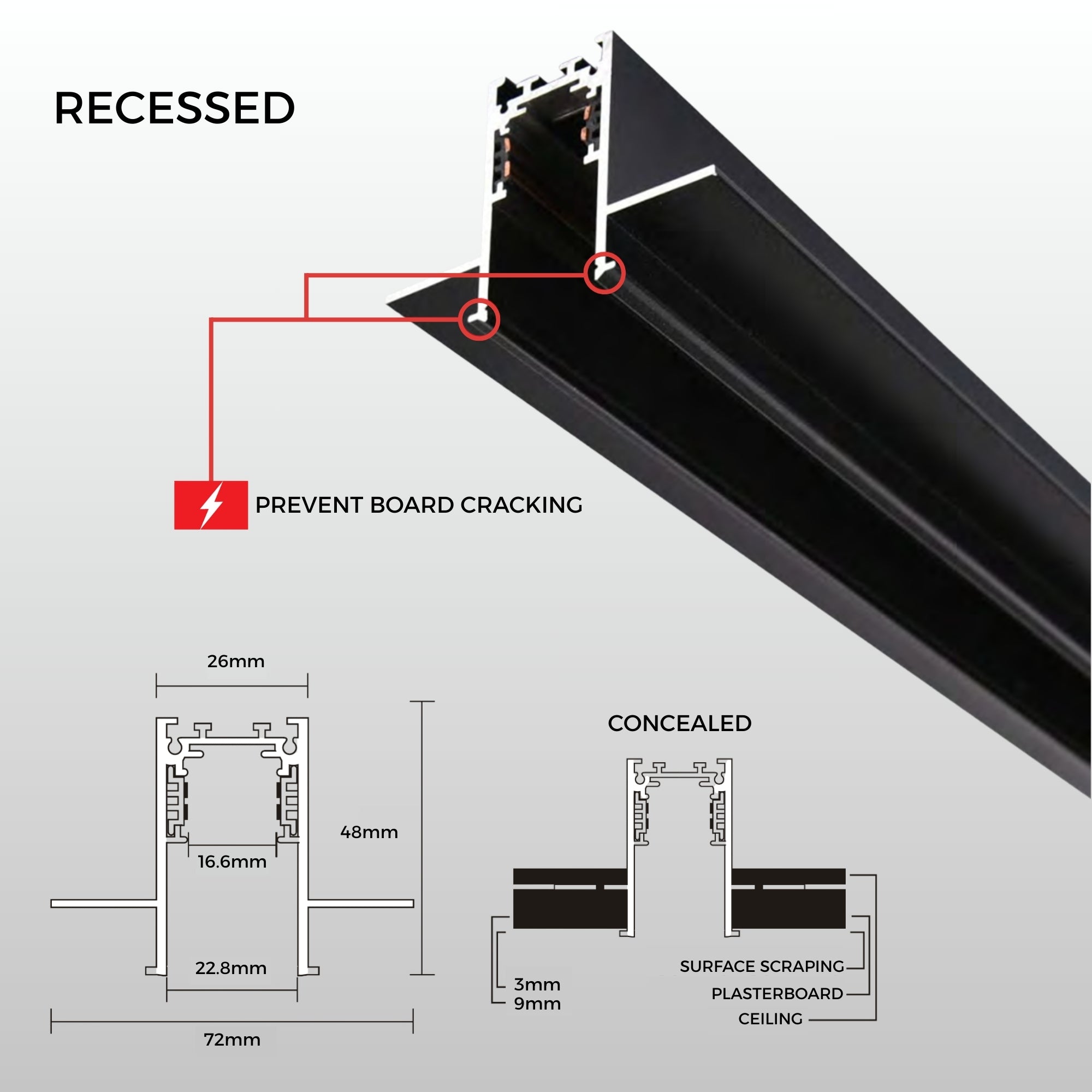 Line Recessed Magnetic Track Lighting with Board Cracking Prevention Technology